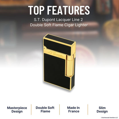 S.T. Dupont Lacquer Line 2 Double Soft Flame Cigar Lighter - Black Lacquer and Gold - Top Features