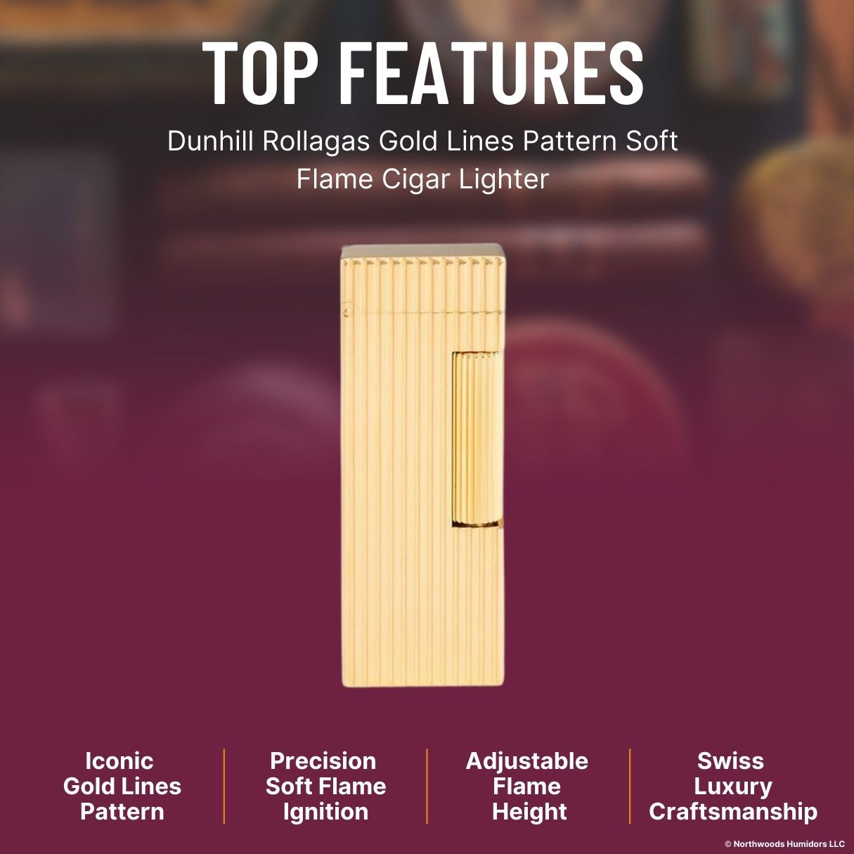 Dunhill Rollagas Gold Lines Pattern Soft Flame Cigar Lighter - Top Features