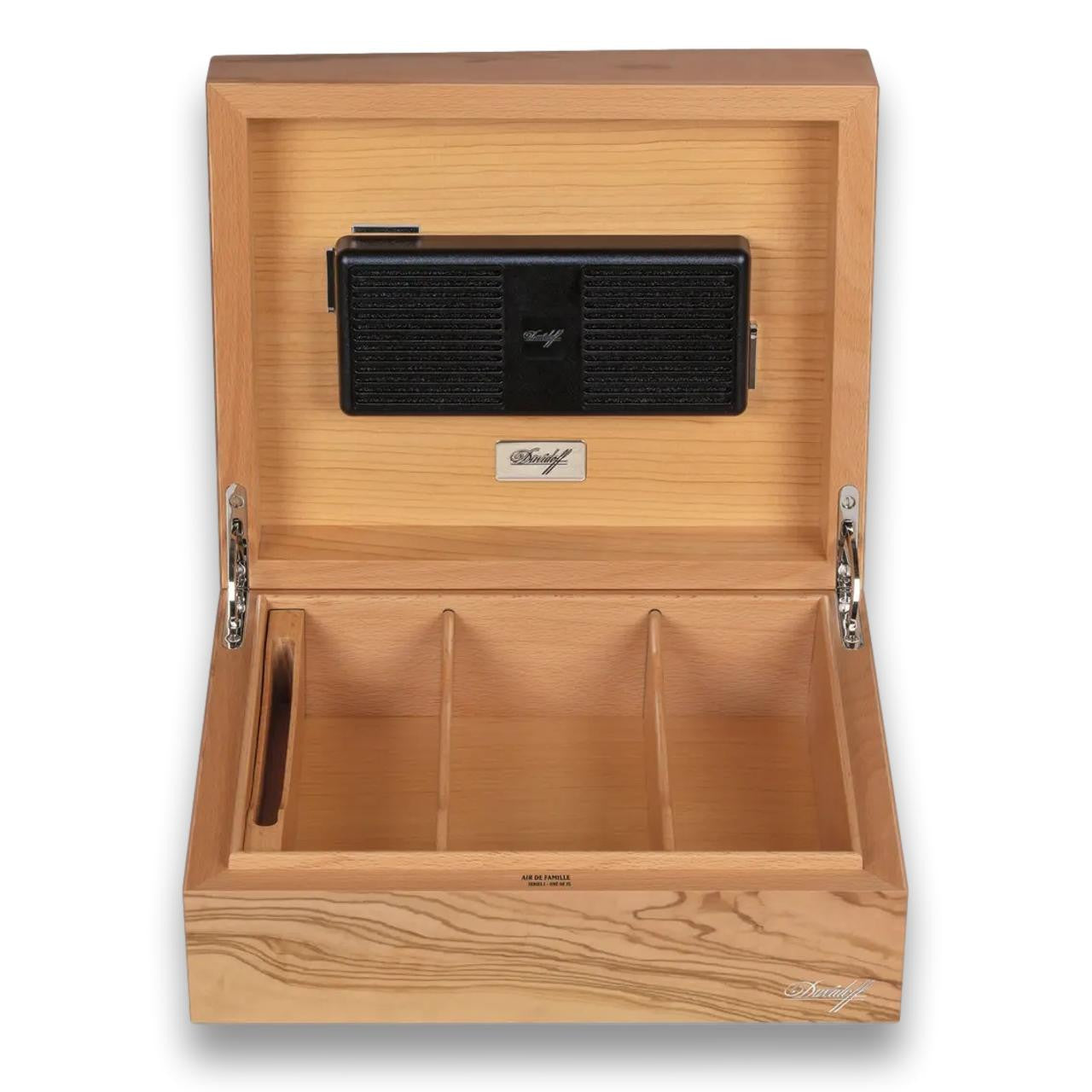 Davidoff Air De Famille Series I Olive Wood Primos 35-Cigar Desktop Humidors - Lid Flipped Open
