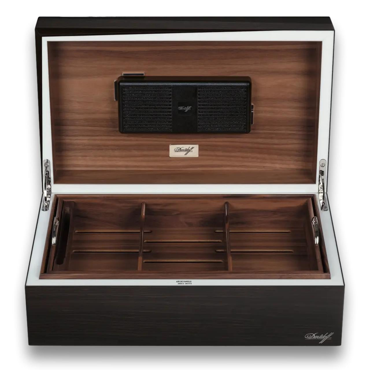 Davidoff Air De Famille Series II Smoked Oak Ambassador Brilliant 80-Cigar Desktop Humidors - Lid Flipped Open