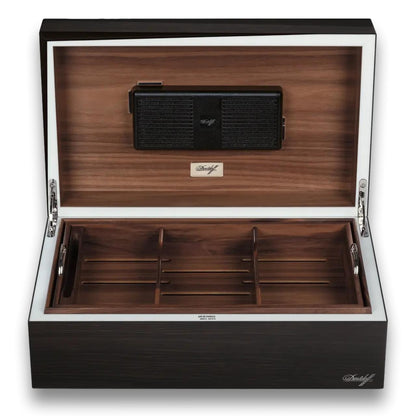 Davidoff Air De Famille Series II Smoked Oak Ambassador Brilliant 80-Cigar Desktop Humidors - Lid Flipped Open