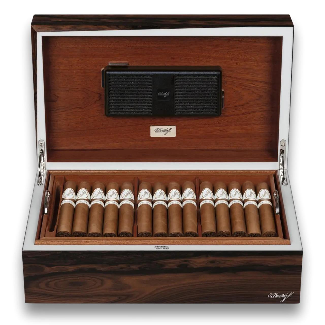 Davidoff Air De Famille Series II Ziricote Ambassador Matt 80-Cigar Desktop Humidors - Lid Flipped Open