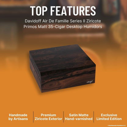 Davidoff Air De Famille Series II Ziricote Primos Matt 35-Cigar Desktop Humidors - Top Features