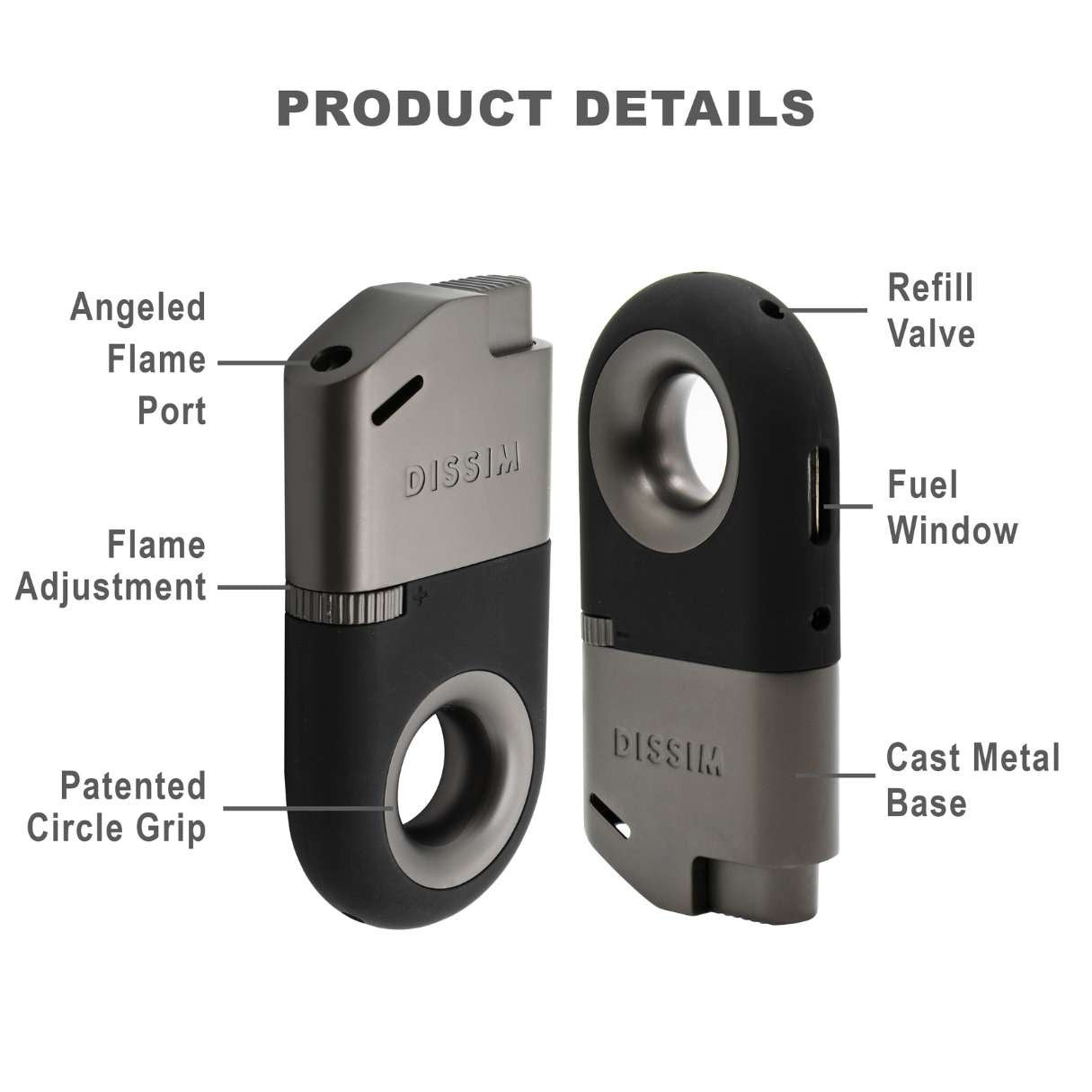 Dissim Inverted Soft Flame Pipe Lighter - Black - Top Features