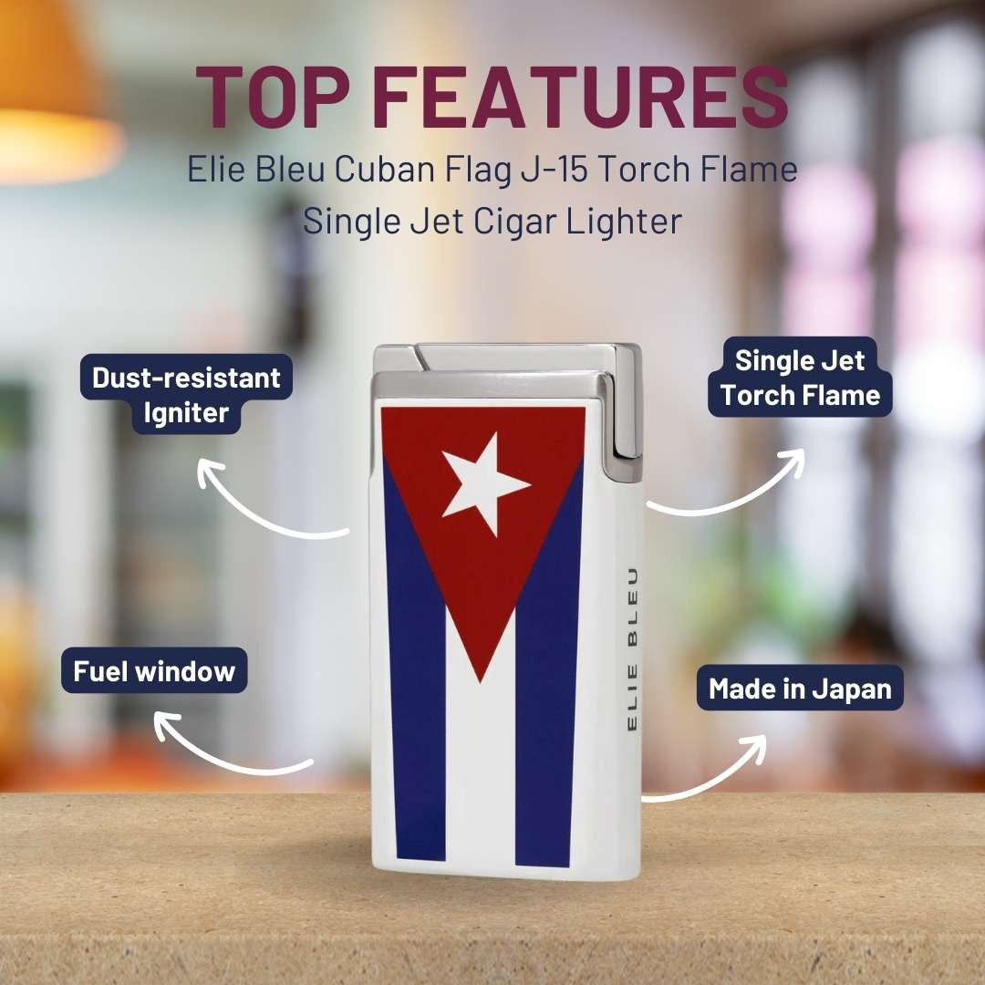 Elie Bleu Cuban Flag J-15 Torch Flame Single Jet Cigar Lighter - Top Features