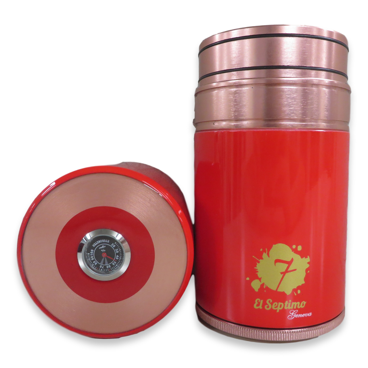 El-Septimo Small 4-Cigar Tube - Ruby - Interior Front with Hygrometer