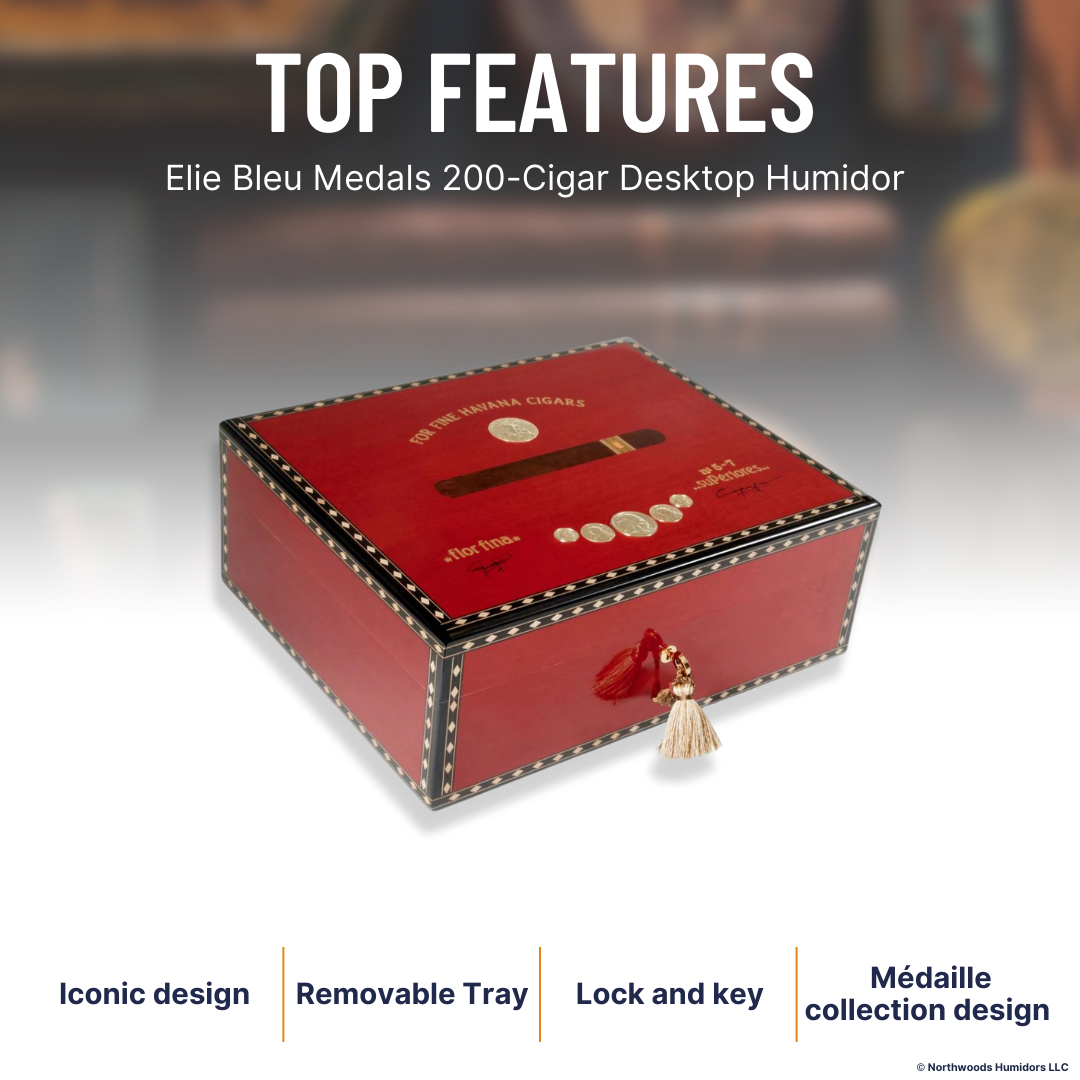Elie Bleu Medals 200-Cigar Desktop Humidor -  Top Features