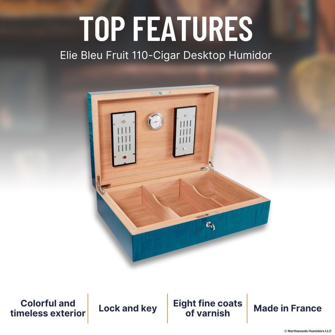 Elie Bleu Fruit 110-Cigar Desktop Humidor - Blue - Top Features