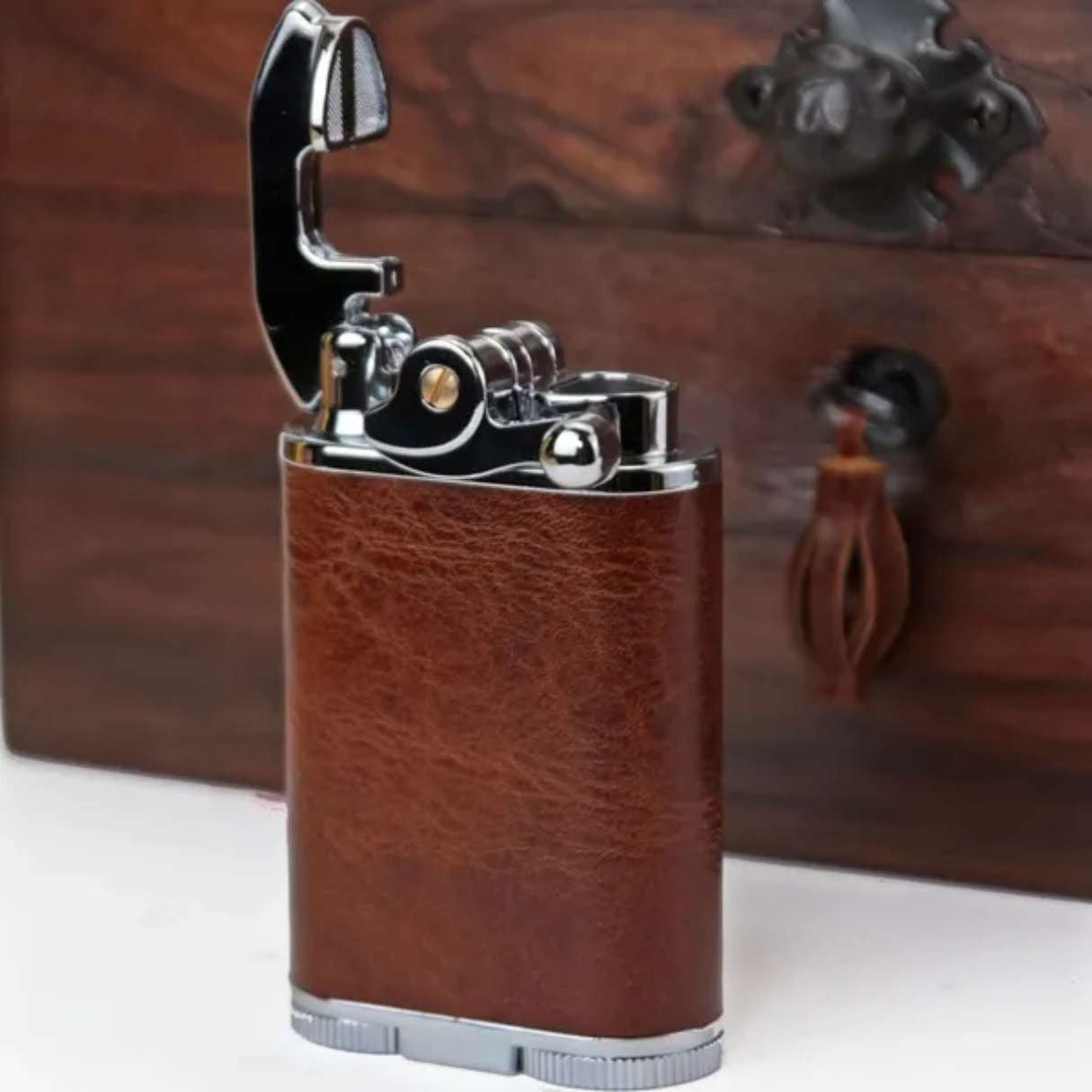 Brizard & Co Antique Saddle Gatsby Torch Flame Triple Jet Tabletop Cigar Lighter - Lid Flipped Open on Lifestyle