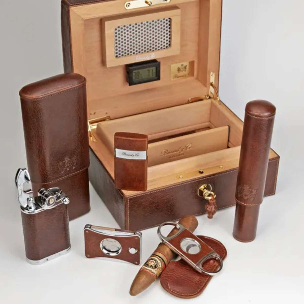 Brizard & Co Antique Saddle Gatsby Torch Flame Triple Jet Tabletop Cigar Lighter - Line Set