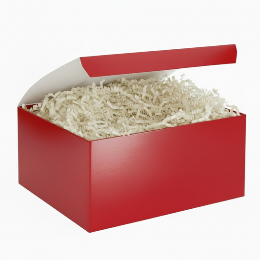 Red box filled with shredded Ivory crinkle paper on a white background