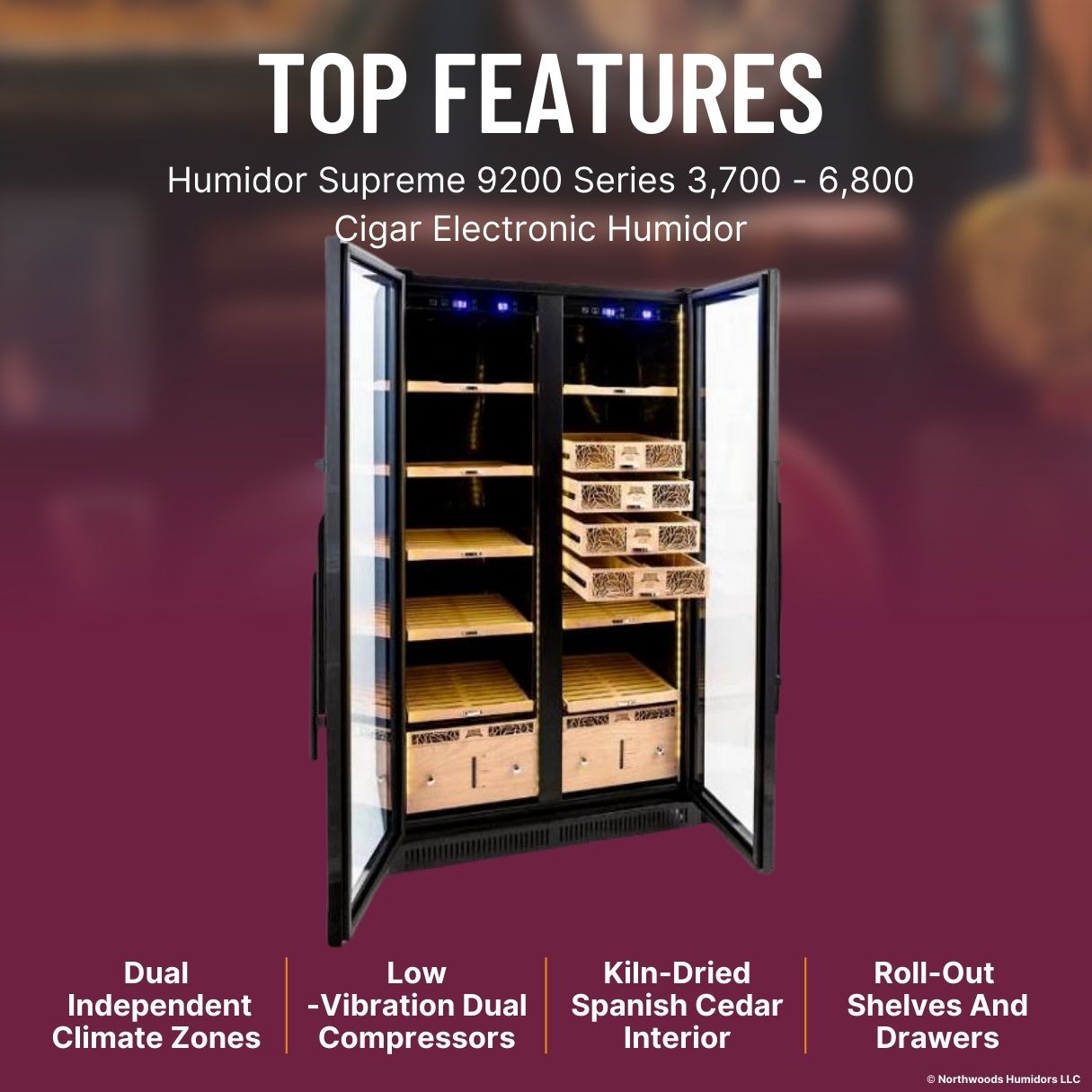 Humidor Supreme 9200 Series 3,700 - 6,800 Cigar Electronic Humidor - Top Features Image