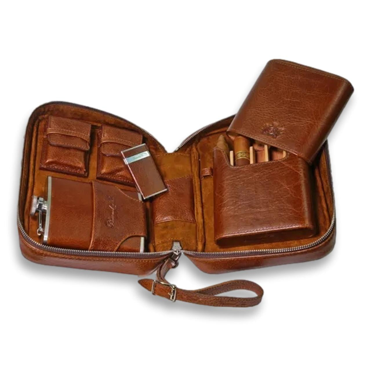Brizard & Co Havana Traveler Antique Saddle Leather 5-Finger Soft Cigar Case - Case Opened Collection