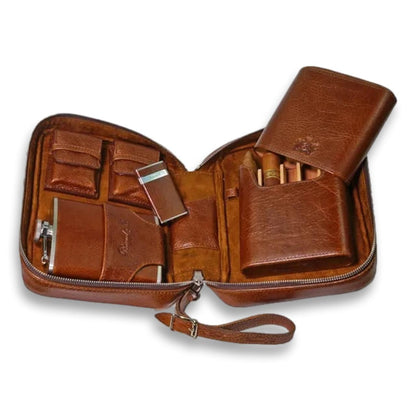 Brizard & Co Havana Traveler Antique Saddle Leather 5-Finger Soft Cigar Case - Case Opened Collection