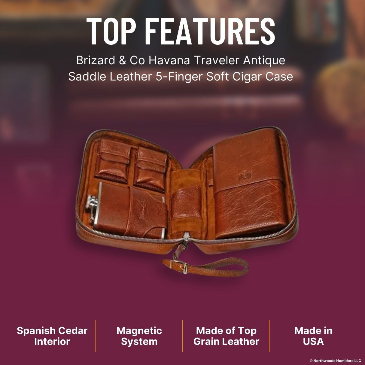 Brizard & Co Havana Traveler Antique Saddle Leather 5-Finger Soft Cigar Case - Top Features