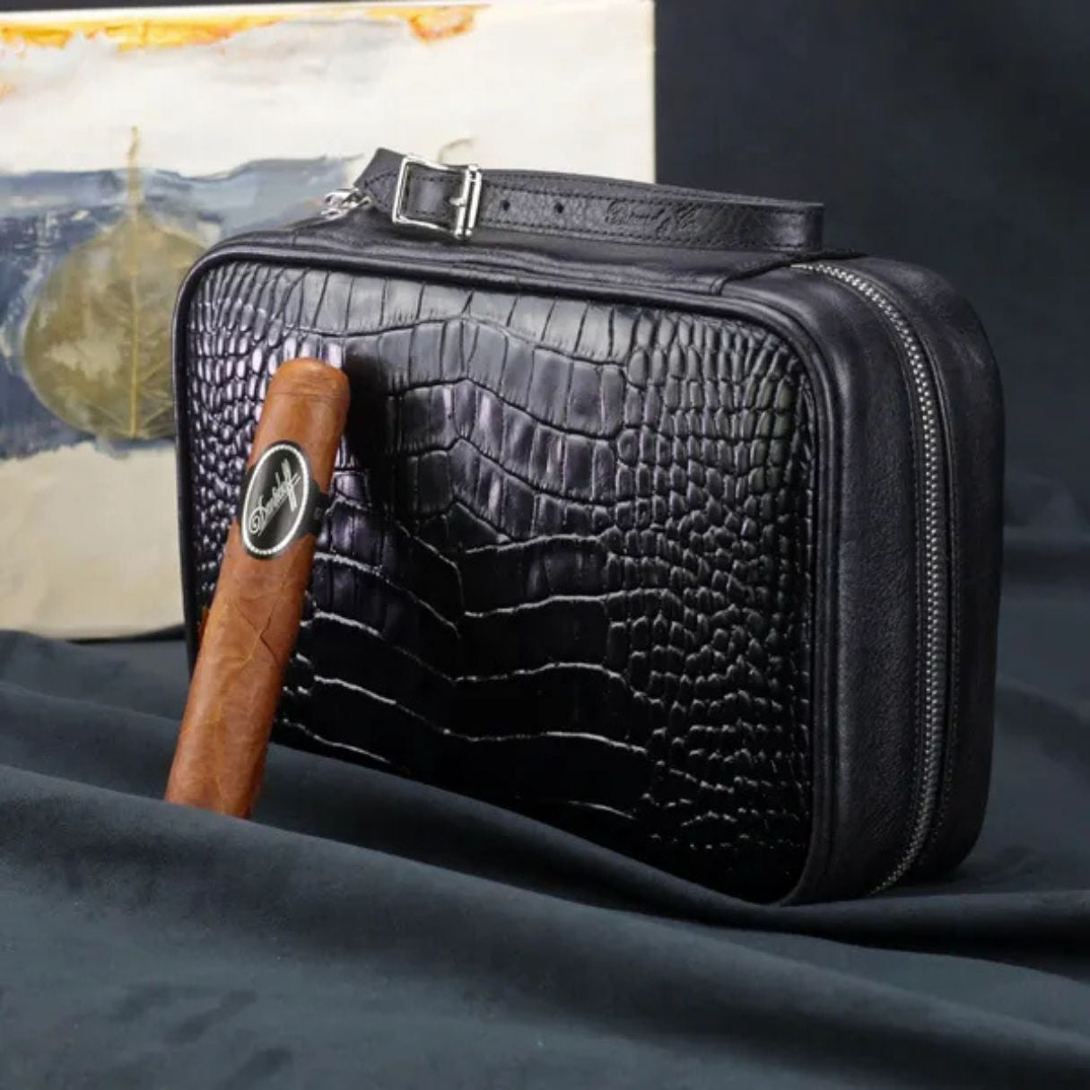 Brizard & Co Havana Traveler Crocodile Black Leather 5-Finger Soft Cigar Case - Main Image - Front Side