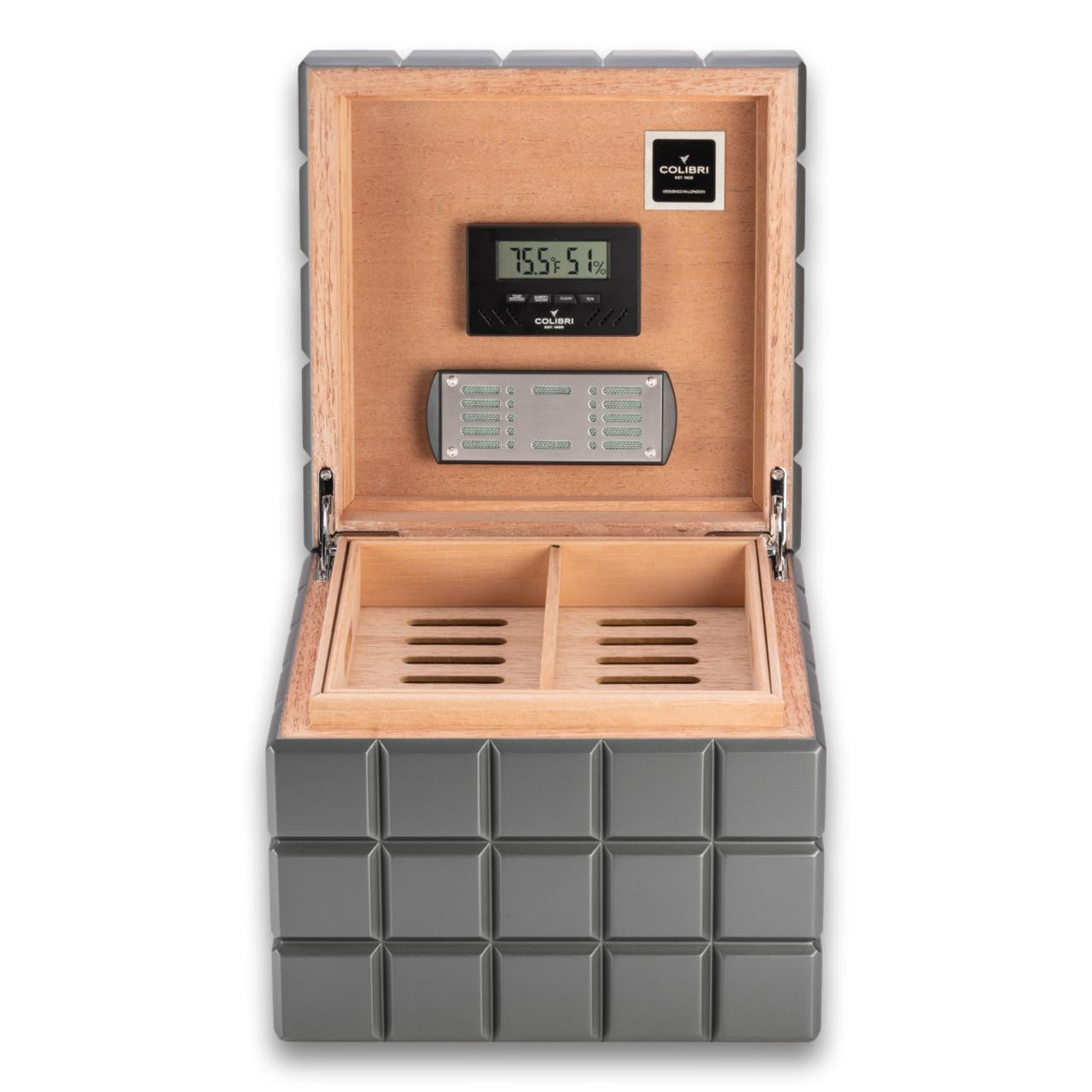 Colibri Heritage Cube 80-Cigar Desktop Humidors - Charcoal - Lid Flipped Open
