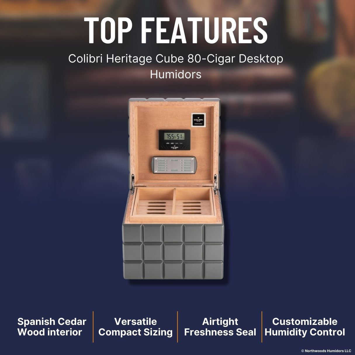 Colibri Heritage Cube 80-Cigar Desktop Humidors - Charcoal - Top Features