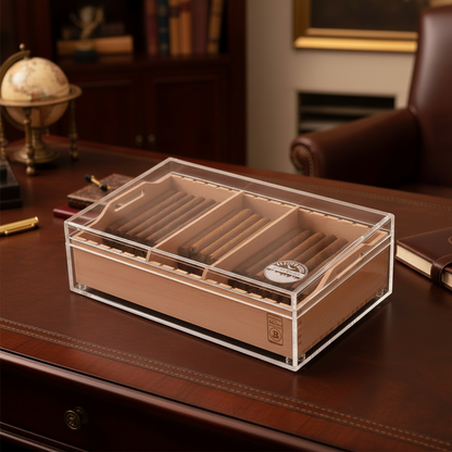 Large Acrylic 75-Cigar Humidor Powered by Boveda on home office desk