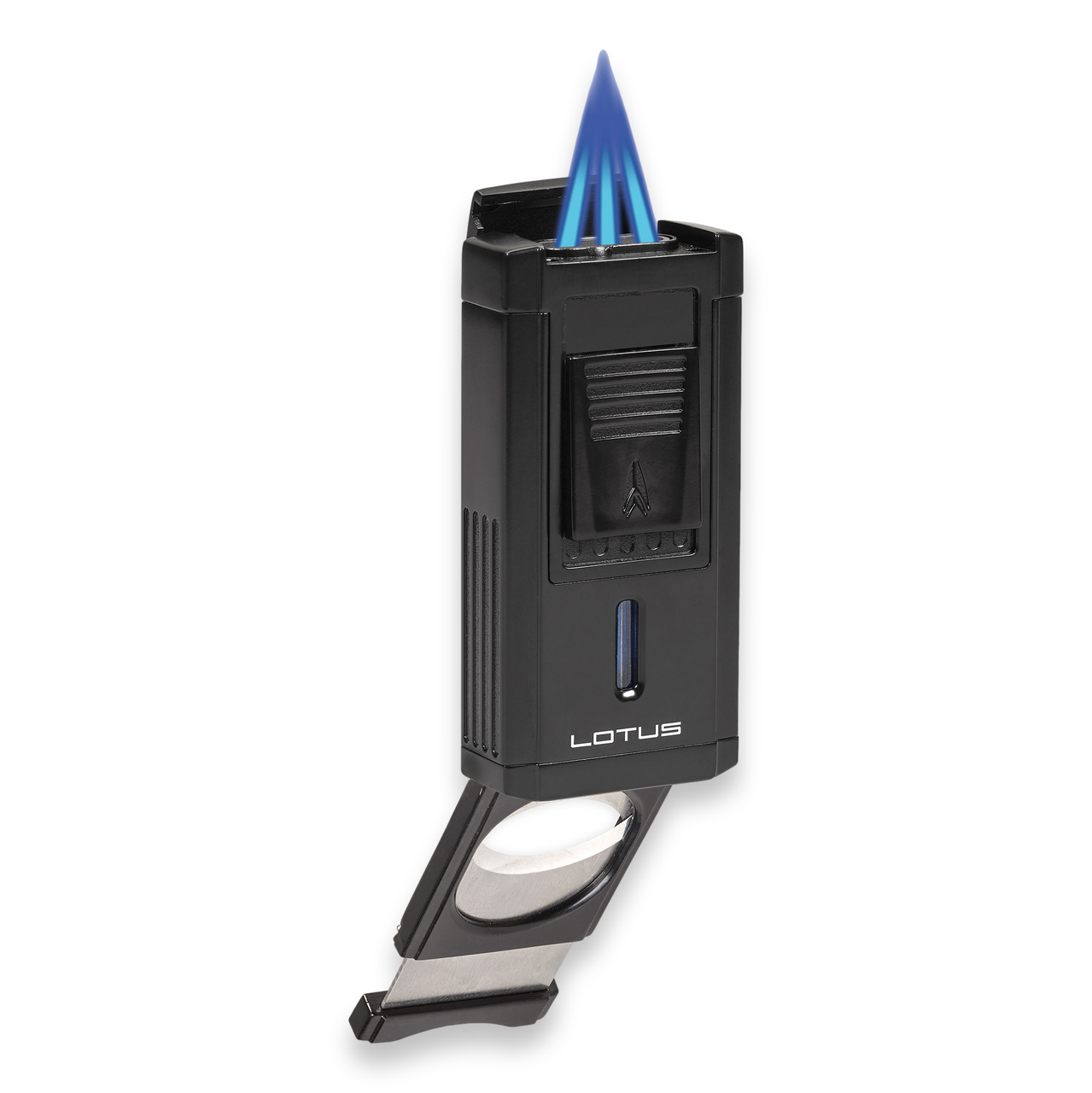 Lotus Duke Torch Flame Triple Jet Cigar Lighter with Cutter - Black Matte - Lid Flipped Open