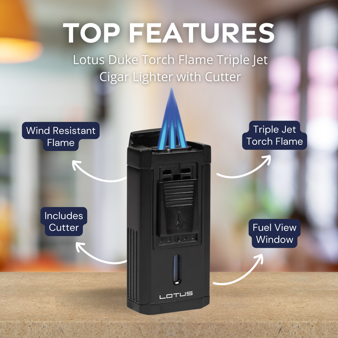 Lotus Duke Torch Flame Triple Jet Cigar Lighter with Cutter - Black Matte - Top Features