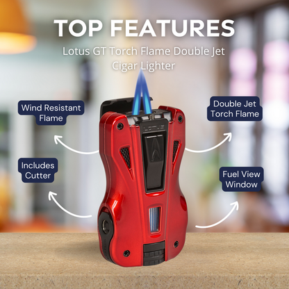 Lotus GT Torch Flame Double Jet Cigar Lighter - Glossy Red and Black Matte - Top Features