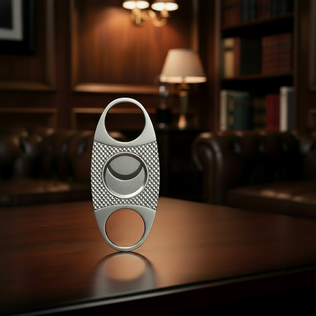 Silver Maxfield cigar cutter on a wooden table with a blurred background