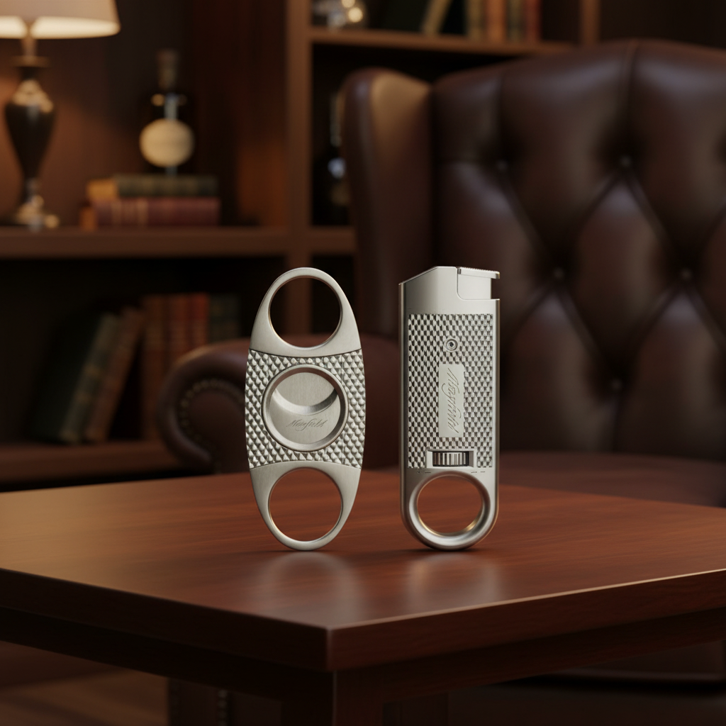Maxfield cigar cutter and lighter on a wooden table with a blurred background