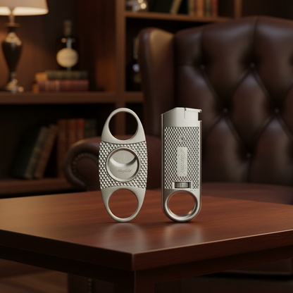 Maxfield cigar cutter and lighter on a wooden table with a blurred background