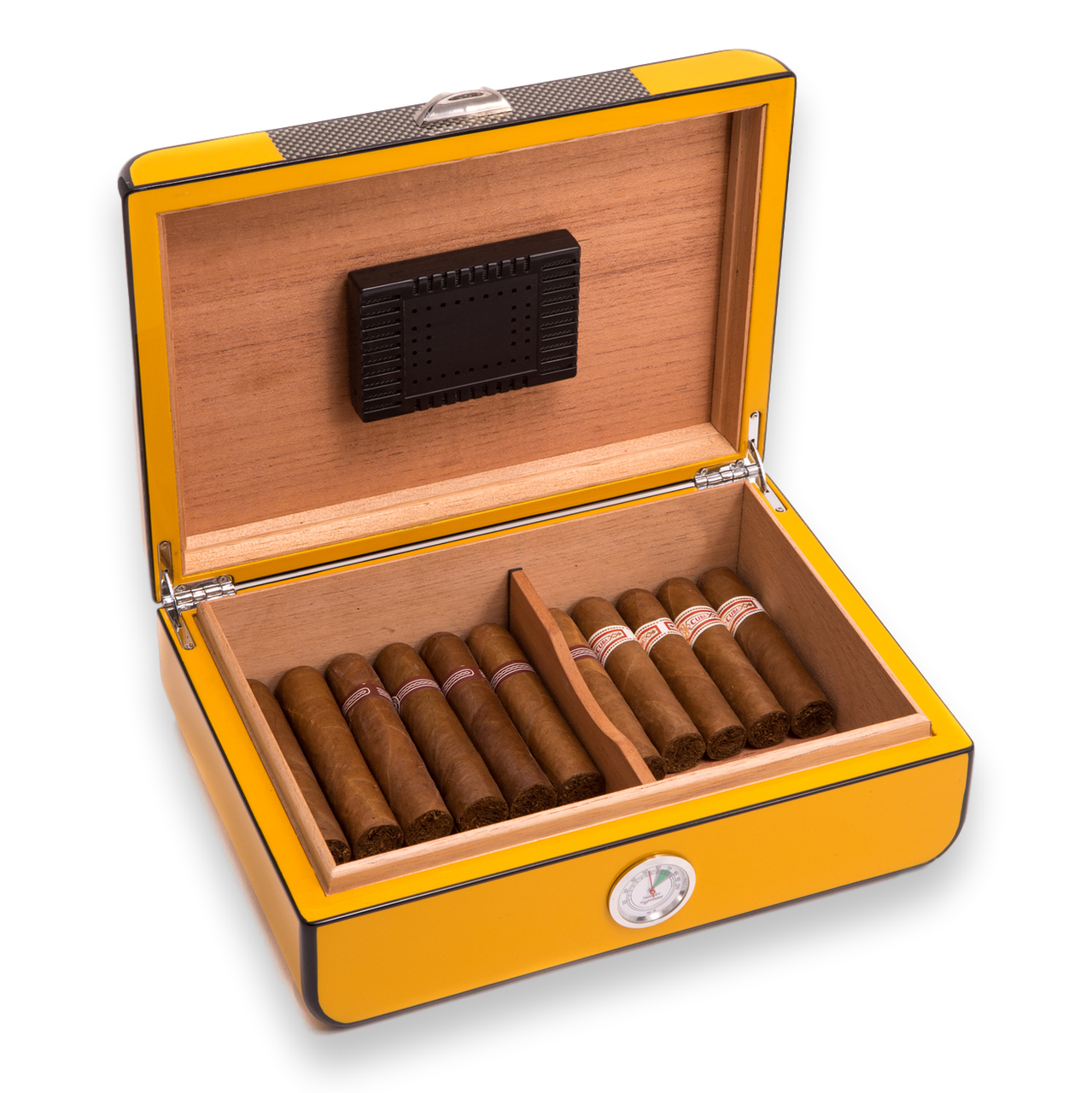Bey-Berk Carbon Fiber and Yellow 25 Cigar Humidor (C417)