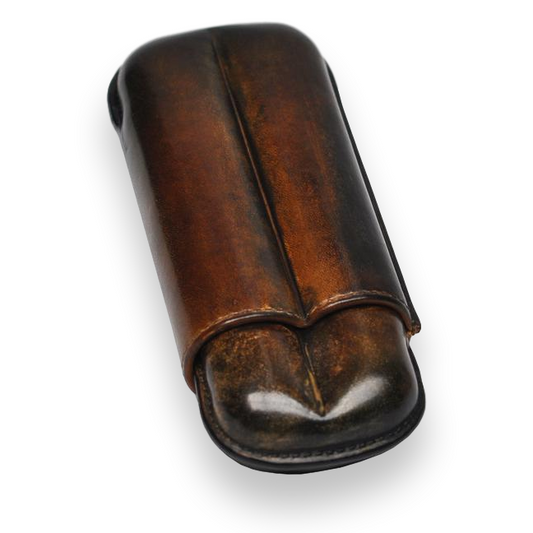Elie - Bleu - Brown - Havana - Patina - 2 - Cigar - Leather - Case - Up - to - 56 - Ring - Gauge - Exterior
