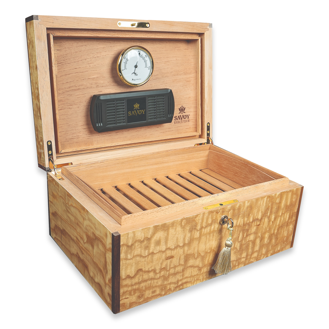 Savoy Olive Ash Burl 25-100 Cigar Humidor - Executive Series - Interior Front