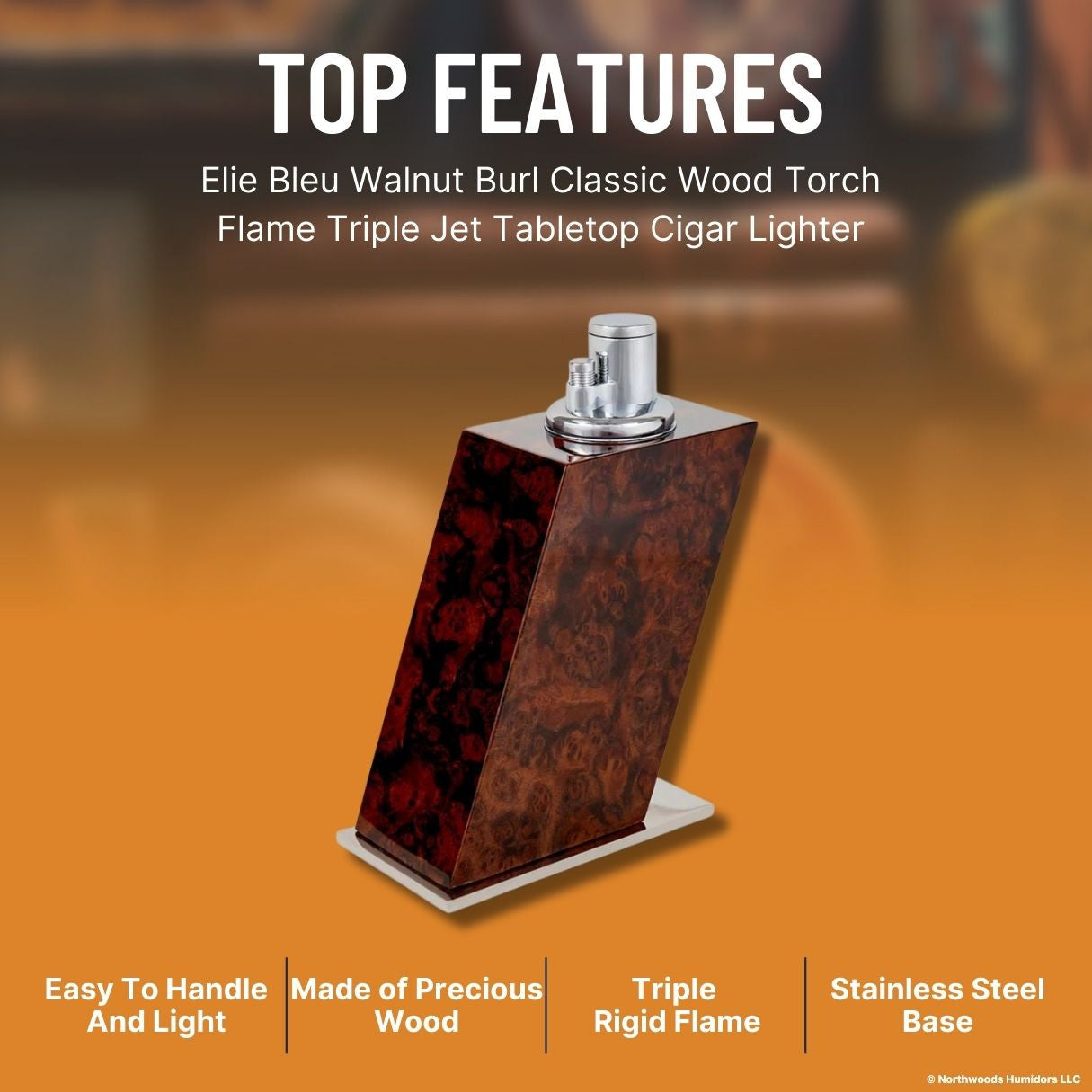 Elie Bleu Walnut Burl Classic Wood Torch Flame Triple Jet Tabletop