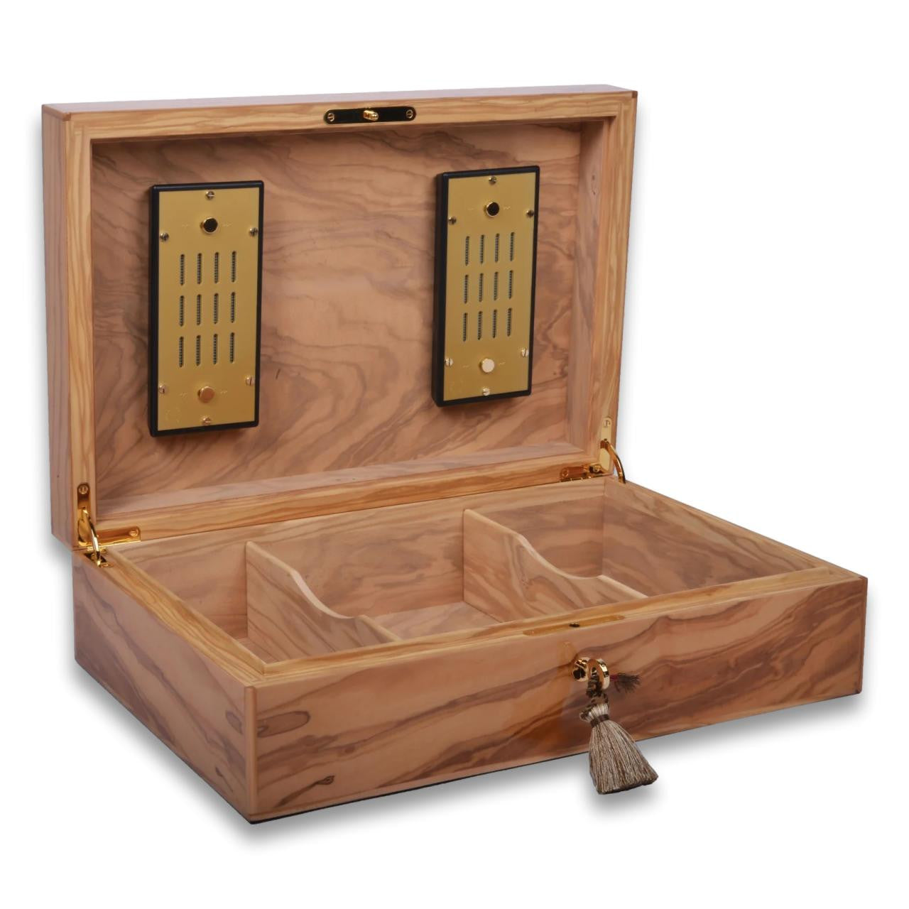 Elie Bleu Olive Wood 110-Cigar Desktop Humidor - Lid Flipped Open Right Facing