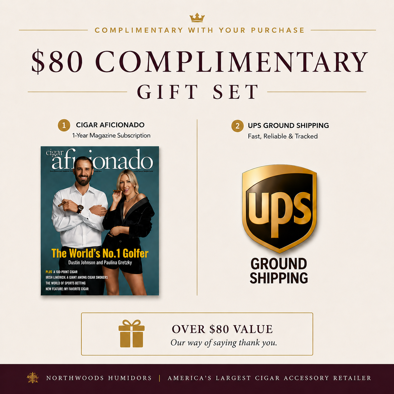$80 complimentary gift set with a Cigar Aficionado Magazine subscription, and UPS shipping.