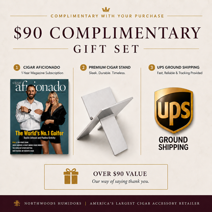 $90 complimentary gift set with a Cigar Aficionado Magazine subscription, steel Cigar Stand, and UPS Ground shipping.