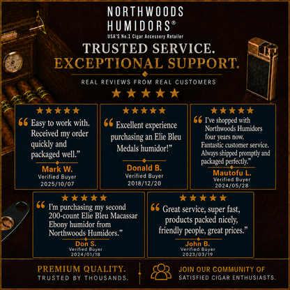 Advertisement for Northwoods Humidors with customer reviews and product display.