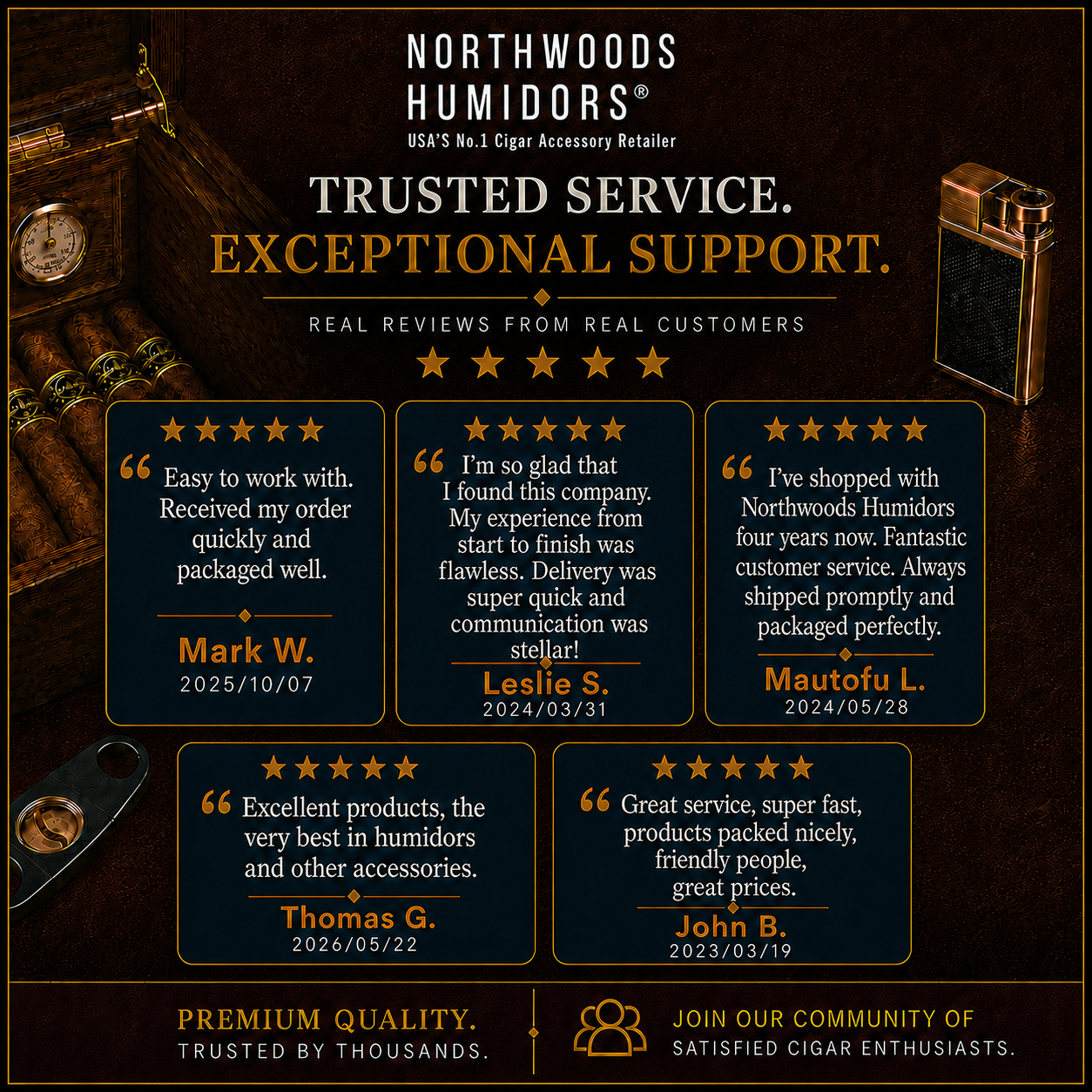 Advertisement for Northwoods Humidors with customer testimonials and product display.