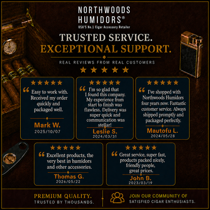 Advertisement for Northwoods Humidors with customer testimonials and product display.