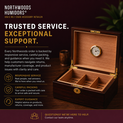 Image explaining that Northwoods Humidors provides excellent assistance getting warranty support for the products it sells.