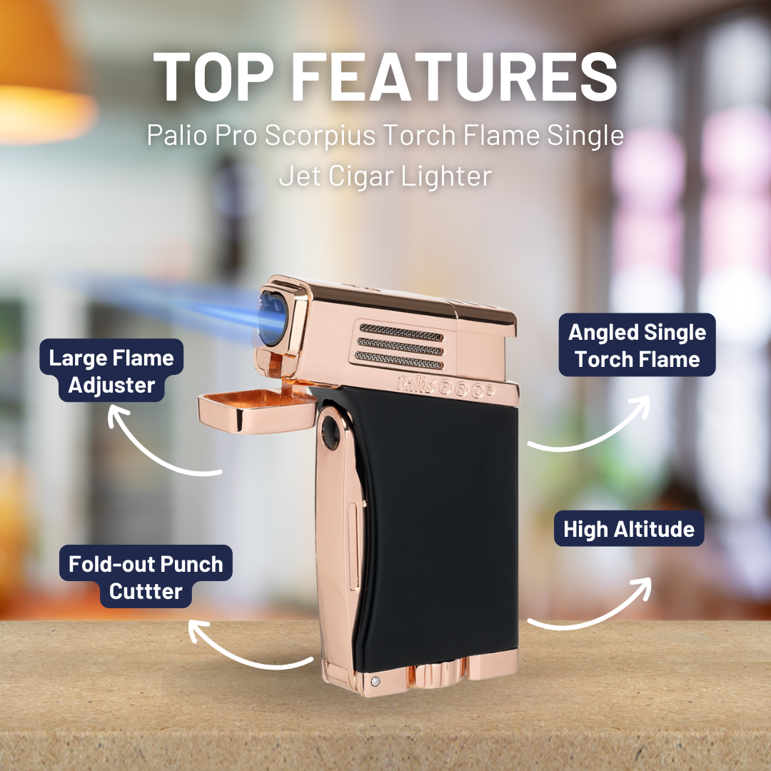 Palio Pro Scorpius Torch Flame Single Jet Cigar Lighter - Black and Rose - Top Features