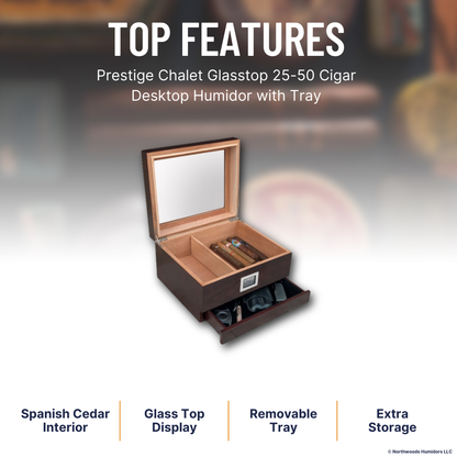 Prestige Chalet Glasstop 25-50 Cigar Desktop Humidor with Tray