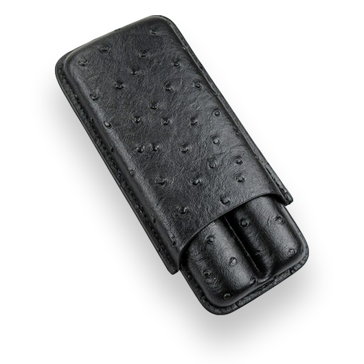 Prestige Black Ostrich Leather 2-Finger Cigar Case  - Exterior Front