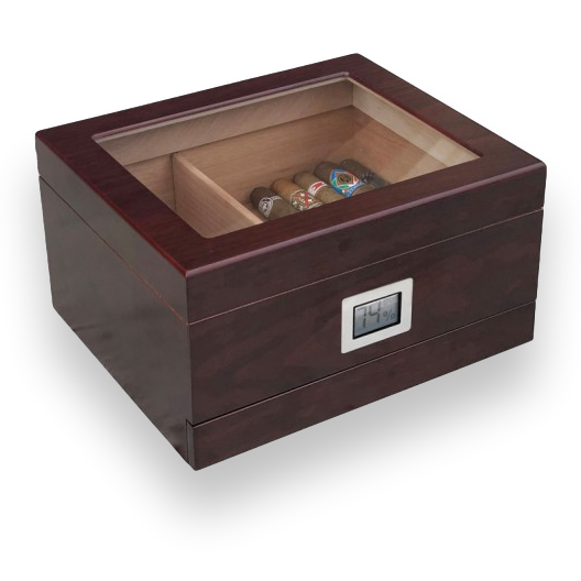 Prestige Chalet Glasstop 25-50 Cigar Desktop Humidor with Tray  - Exterior Front