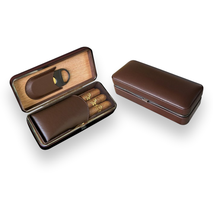 Prestige Folding Leather 3-Finger Cigar Case - Brown - Exterior Front