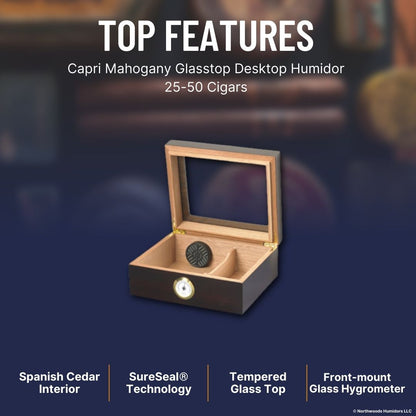 Capri Mahogany Glasstop Desktop Humidor - 25-50 Cigars