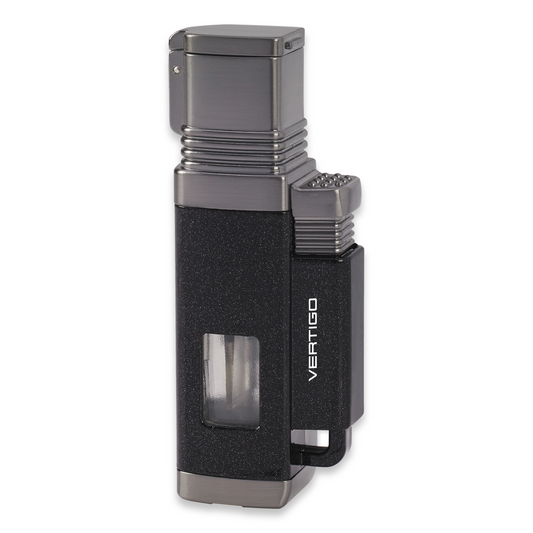 Quality Importers Churchill Torch Flame Quad Jet Cigar Lighter - Metallic Black and Brushed Gunmetal - Exterior Front