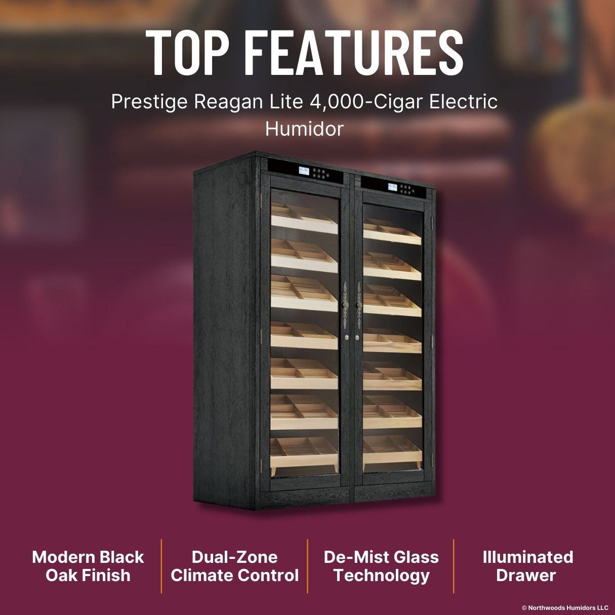 Prestige Reagan Lite 4,000-Cigar Electric Humidor - Top Features
