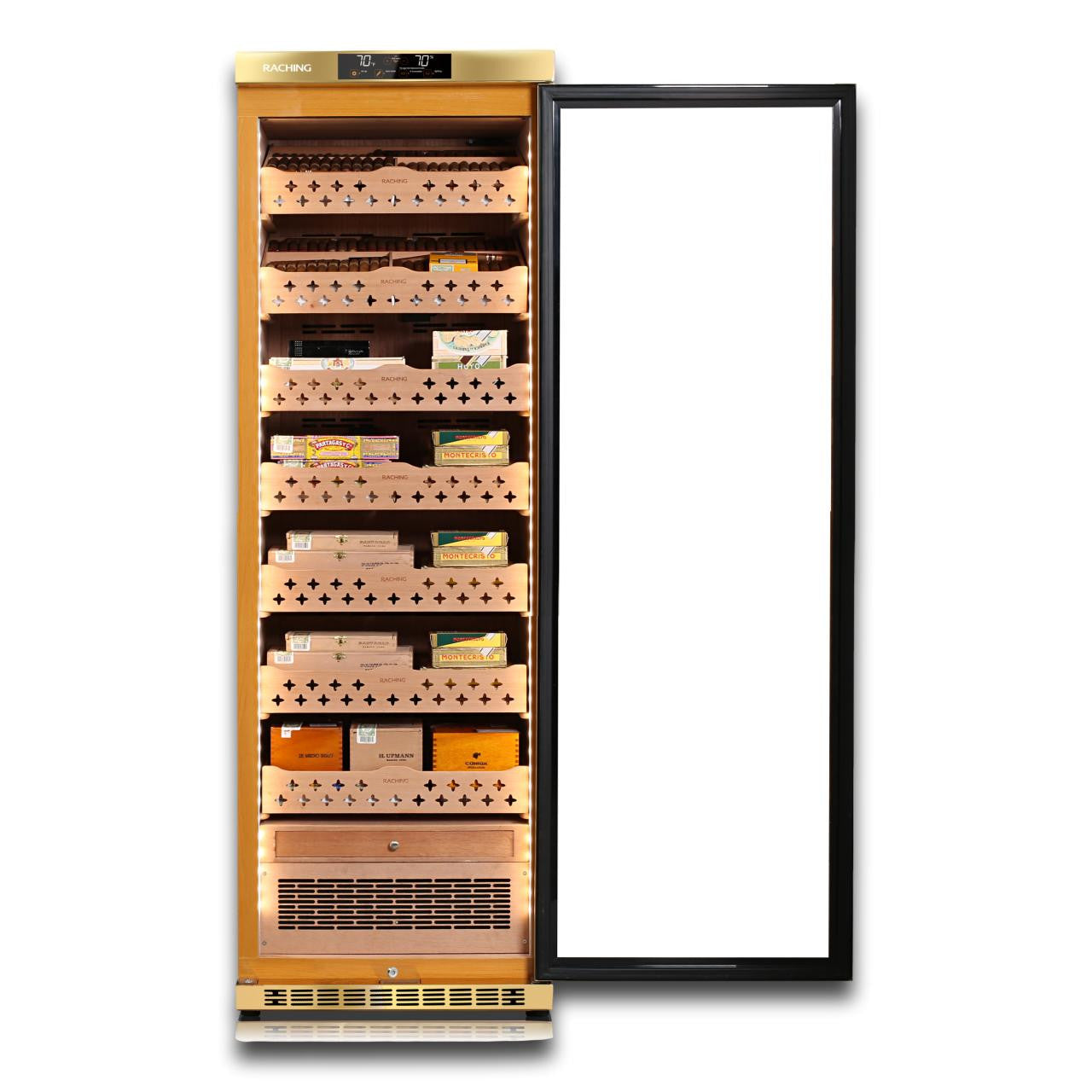 raching 3800A シガーケース Raching MON3800A Climate Control Gold Burl 1,800-Cigar Electric