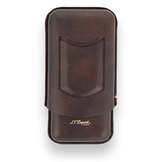 S.T. Dupont Leather and Metal 3-Finger Cigar Case - Brown - Exterior Front